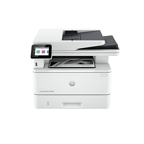 Une imprimante HP LaserJet Pro MFP 4102fdw blanche. En haut, il y a un couvercle avec un plateau noir. Sur le côté gauche se trouve un écran tactile. En dessous se trouve une feuille avec les mots "INFRASTRUCTURE PLANNING".
