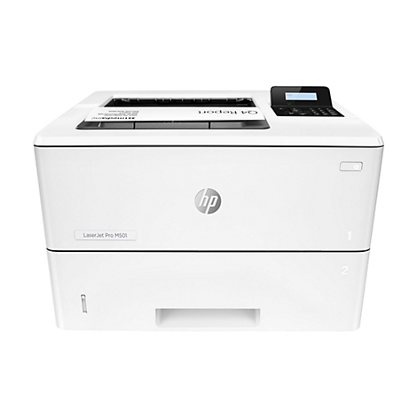 Ein weißer Drucker, oben befindet sich ein Bedienfeld mit Bildschirm, ein Blatt Papier mit Text wird ausgegeben. Auf dem Drucker ist das HP-Logo abgebildet, darunter steht „LaserJet Pro M501“.