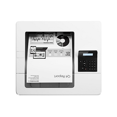 Ein weißer Drucker, der einen Bericht ausdruckt. Der Bericht zeigt Grafiken und Text, darunter eine Tortengrafik, Diagramme und Informationen zur Website.