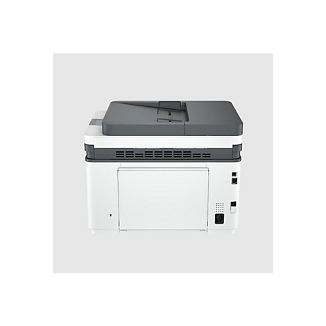 Ein weißer Drucker mit grauer Oberseite steht vor einem hellgrauen Hintergrund. Der Drucker ist von hinten aufgenommen. Ein Netzanschluss und weitere Anschlüsse sind auf der Rückseite zu sehen.