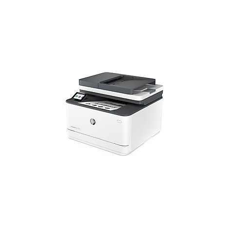 Weißer, grauer Multifunktionsdrucker. Auf dem Gerät liegt ein bedrucktes Blatt.