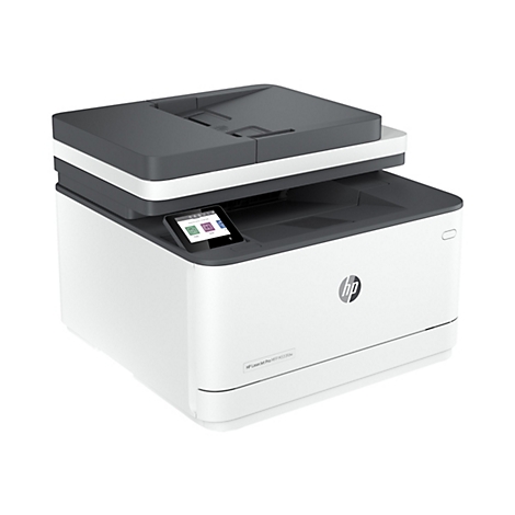 Weiß-schwarzer HP LaserJet Pro Drucker. Auf dem Bedienfeld werden Optionen wie Kopieren und Scannen angezeigt.