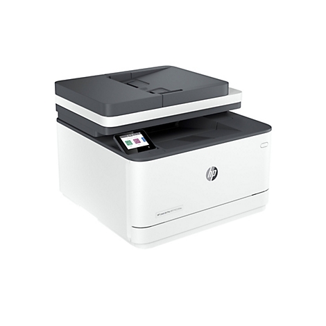 Weiß-grauer HP-Laserdrucker vor weißem Hintergrund. Auf dem Bedienfeld werden Optionen angezeigt. Der Drucker hat das HP-Logo.