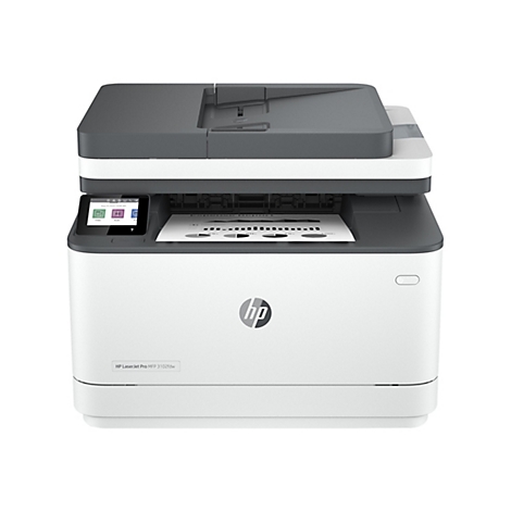 Weiß-grauer HP-Laserdrucker. Auf dem Display ist ein Datum und Uhrzeit zu sehen. Es werden die Funktionen Kopieren, Scannen und Drucken angezeigt.