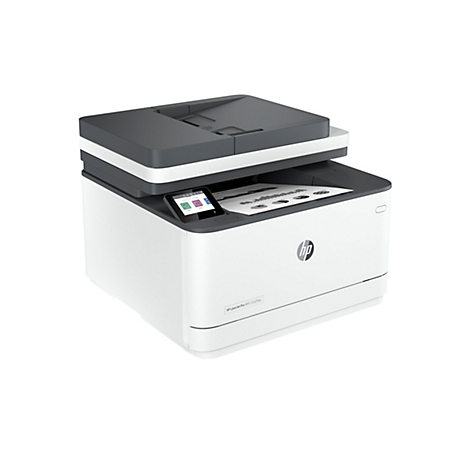 HP LaserJet Pro MFP 3102fdw. Weißer Drucker mit grauen Elementen, mit einer Vorlage im Inneren.