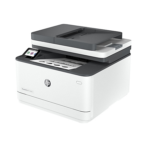 Ein weißer HP LaserJet Drucker; oben eine graue Scaneinheit, Papierausgabe mit gedrucktem Diagramm. Kleines Touchscreen-Display mit Funktionen.