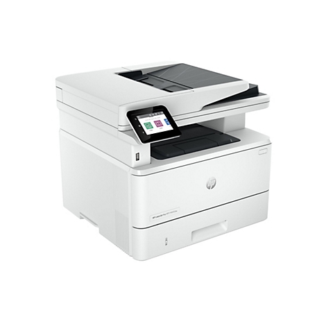 Weißer HP LaserJet Pro MFP M445dw Drucker mit Touchscreen. Auf dem Bildschirm sind die Optionen Kopieren, Scannen und Drucken zu sehen.