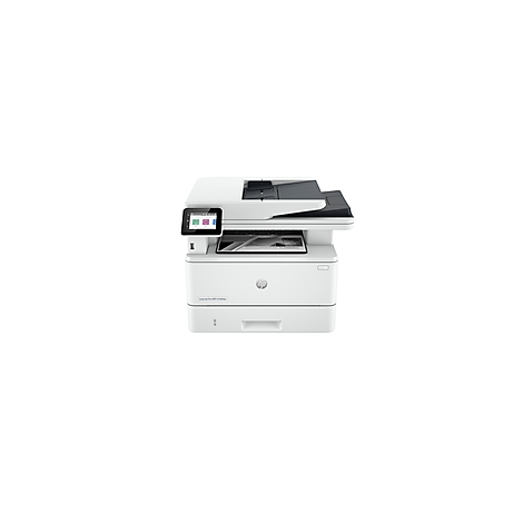 Weißer HP-Multifunktionsdrucker. Auf dem Display sind farbige Quadrate zu sehen. Daneben ein USB-Anschluss.