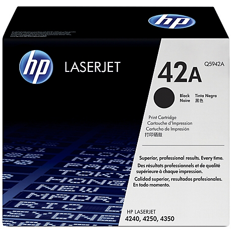 Zwarte HP LaserJet 42A printcartridge, met logo's en productdetails op de doos.
