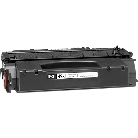 Zwarte printercartridge, gemarkeerd met "HP 49x" en "HP LaserJet", met een oranje element. Close-up.