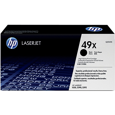 Zwarte HP Laserjet tonercartridge 49x op witte achtergrond, tekst in meerdere talen, waaronder Engels en Spaans.