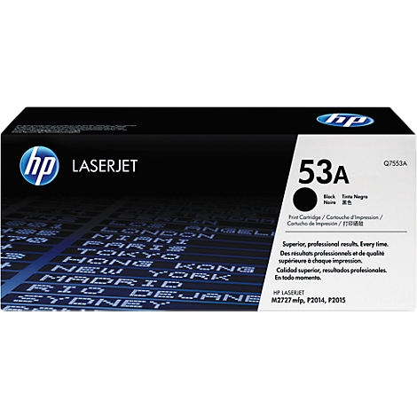 Zwarte HP Laserjet tonercartridge, 53A, met tekst en logo. Bevat informatie over printermodellen.