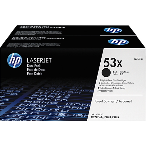 Zwarte HP Laserjet tonerdubbelverpakking, 53x, met productnaam en logo.