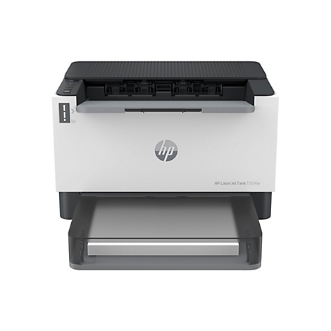 Ein weißer HP Laserdrucker, mit offenem Papierfach. Das HP Logo ist zentral platziert.