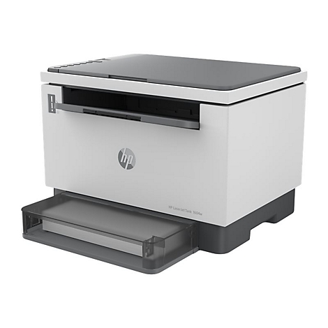 WeiÃŸer HP-Drucker. Graue Papierablage, HP-Logo und Bedienfeld. Seitlich ist der Drucker leicht angewinkelt.