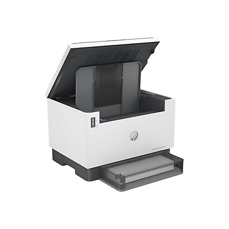 WeiÃŸ-schwarzer HP-Drucker mit geÃ¶ffnetem Deckel, Papierschublade, HP-Logo.