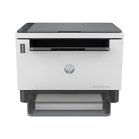 Ein weiß-grauer HP LaserJet Tank 1604w Drucker, Ansicht von vorne. Ein Papiereinzug ist unten zu sehen. Der Drucker hat das HP-Logo.