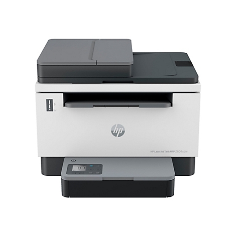 HP LaserJet Tank MFP 2604sdw, weiß-grauer Drucker mit Bedienfeld und HP-Logo. Vor weißem Hintergrund.