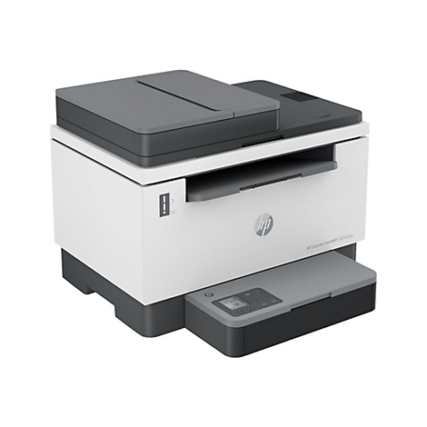 WeiÃŸer Drucker mit grauen Akzenten. Das Bedienfeld zeigt ein kleines Display. Links ist das HP-Logo abgebildet.