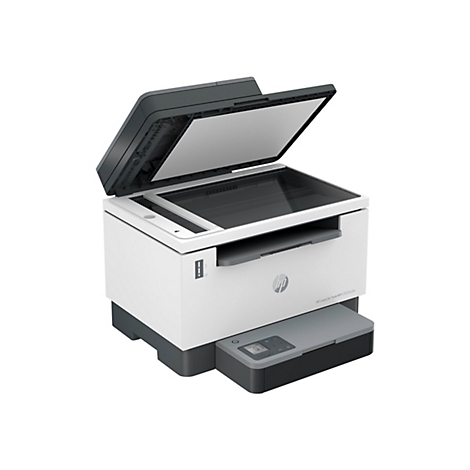Ein weiÃŸer HP Drucker mit offenem Deckel, auf weiÃŸem Hintergrund.