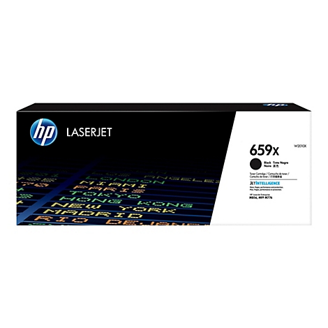 Cartouche de toner HP Laserjet noire 659X. Impression du logo HP et du numéro de modèle, fond avec tableau d'affichage de l'aéroport.