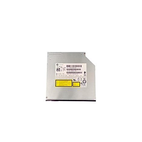 HP DVD-ROM-Laufwerk auf weißem Hintergrund mit Produktetikett, technischen Daten und verschiedenen Zertifizierungslogos.