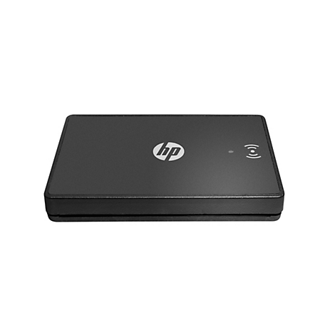 Schwarzes, rechteckiges Gerät mit HP-Logo und Wireless-Symbol.