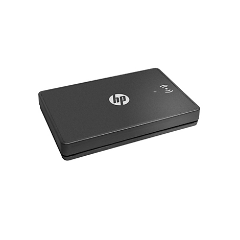 Dunkelgraues, rechteckiges HP-Gerät mit HP-Logo und Funkwellensymbol. Das Gerät ist auf weißem Hintergrund abgebildet.