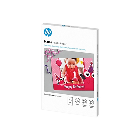 Produktverpackung für HP Matte Fotopapier mit Geburtstagsmotiv, 10x15 cm, 25 Blatt, für Tintenstrahldrucker.