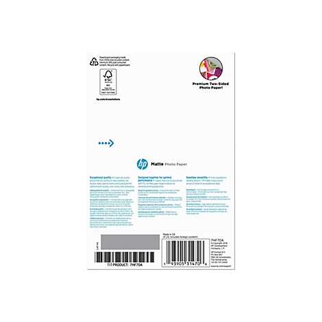 Rückseite einer HP Matte Photo Paper Verpackung mit Produktinformationen und FSC-Umweltzertifizierung.