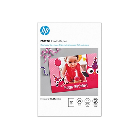 Produktverpackung von HP Matte Photo Paper mit einer Geburtstags-Grußkarte als Abbildung.