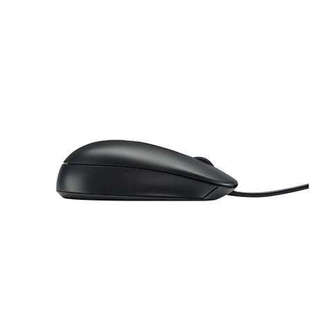 Schwarze Computermaus, Seitenansicht, Kabel nach rechts. Auf weißem Hintergrund.