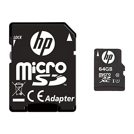SD-Kartenadapter und Micro-SD-Karte von HP. Die Karte hat 64 GB Speicherkapazität.