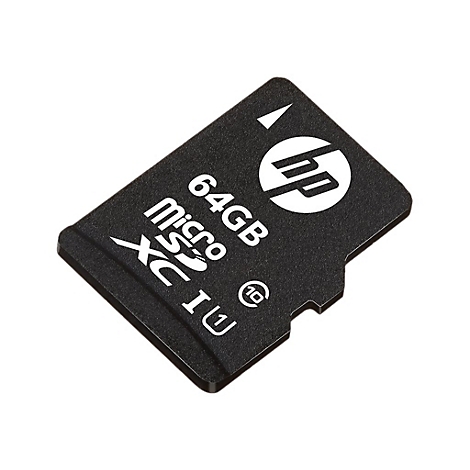 Schwarze HP Micro SD Karte mit 64 GB Speicherkapazität. Logo und Schriftzug in Weiß.