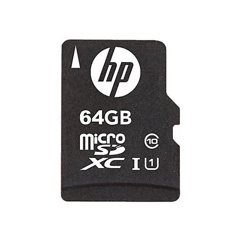 Schwarze Micro-SD-Karte mit weißem 'hp' Logo, '64GB', 'micro SDXC I' Beschriftung und einem '10' Symbol.