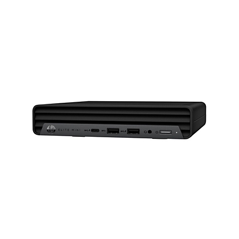 Mini-PC HP Elite noir sur fond blanc. Façade avec ports et logo HP.