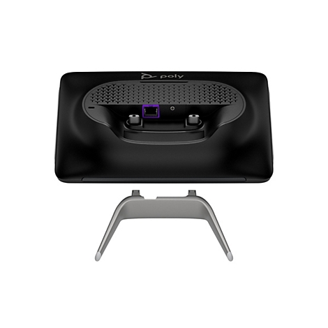Appareil Poly noir avec socle gris, vu de dos, avec un port.