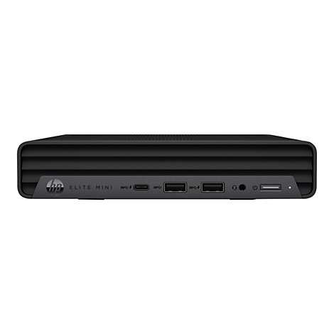Schwarzer HP Elite Mini-Computer, auf weißem Hintergrund, mit seitlichen USB-Anschlüssen und dem HP-Logo.