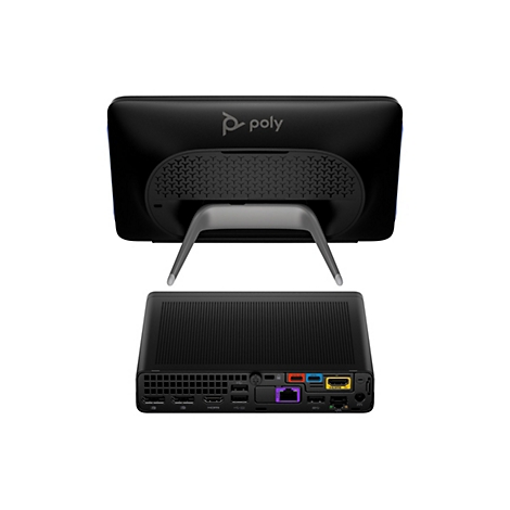 Schwarzes Poly-Videokonferenzsystem. Ein Bildschirm mit Ständer wird von einer Basis gehalten, die verschiedene Anschlüsse hat.