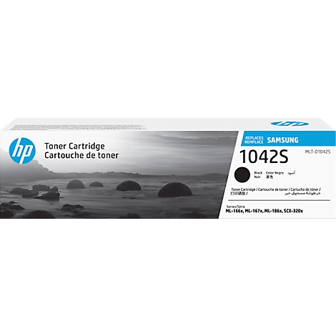 Toner-Kartusche von HP, Modell 1042S, mit Landschaftshintergrund.