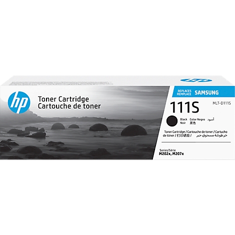 Schwarze Toner-Kartusche, bedruckt mit HP-Logo, Text und einem Produktnamen.