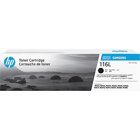 Black toner cartridge, HP logo, labeled 116L, replaces Samsung models.
