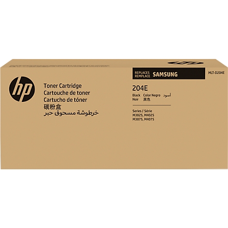 Braune Kartonverpackung mit Aufdruck von HP-Logo, Toner Cartridge und Samsung-Logo. Schwarzer Text weist auf 204E-Toner hin.