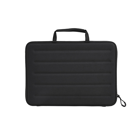 Schwarze Laptoptasche mit Tragegriff. Sie hat ein geripptes Design und einen Reißverschluss.