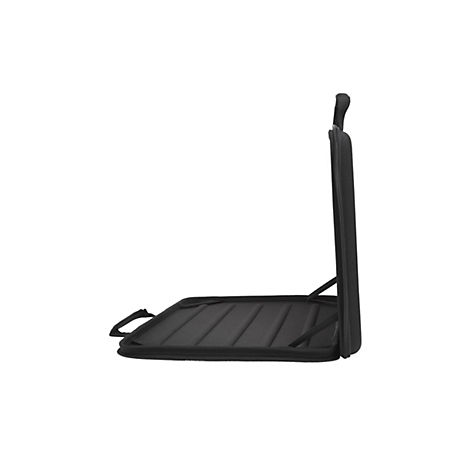 Schwarze Laptoptasche, halb geöffnet mit Tragegriff, auf weißem Hintergrund.