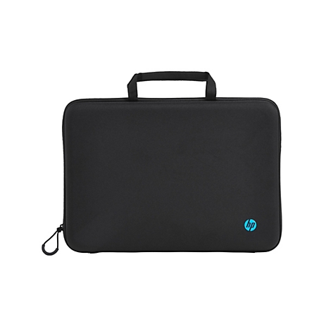 Schwarze Laptoptasche mit Tragegriff. Auf der Vorderseite befindet sich das HP-Logo in Türkis.