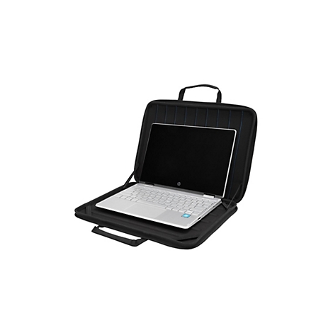 Schwarze Laptop-Hülle mit einem geöffneten, silbernen HP-Laptop. Der Laptop liegt in der Hülle, die einen Reißverschluss und einen Tragegriff hat.