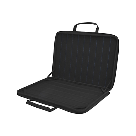 Schwarze, offene Laptoptasche mit Tragegriff und geriffelter InnenflÃ¤che.
