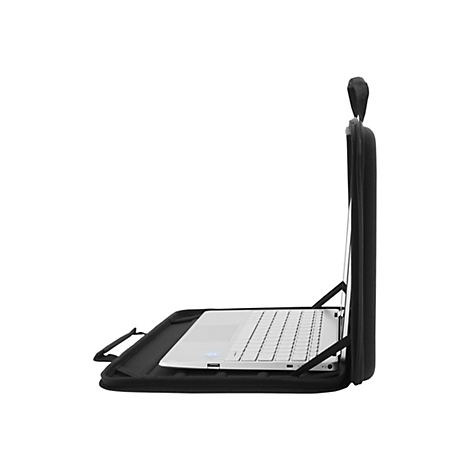 Schwarze Laptop-Tasche mit Laptop auf weiÃŸem Hintergrund. Der Laptop ist halb geÃ¶ffnet und liegt in der Tasche.
