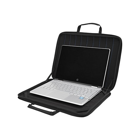 Schwarze Laptoptasche mit Henkel, darin ein silbernes HP-Notebook, das aufgeklappt ist.